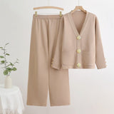 V - neck single - row metal button - down cardigan top wide - leg pants knitted versatile two - piece set - Negative Apparel