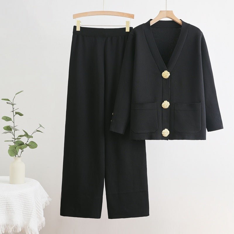 V - neck single - row metal button - down cardigan top wide - leg pants knitted versatile two - piece set - Negative Apparel