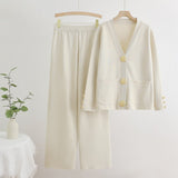 V - neck single - row metal button - down cardigan top wide - leg pants knitted versatile two - piece set - Negative Apparel