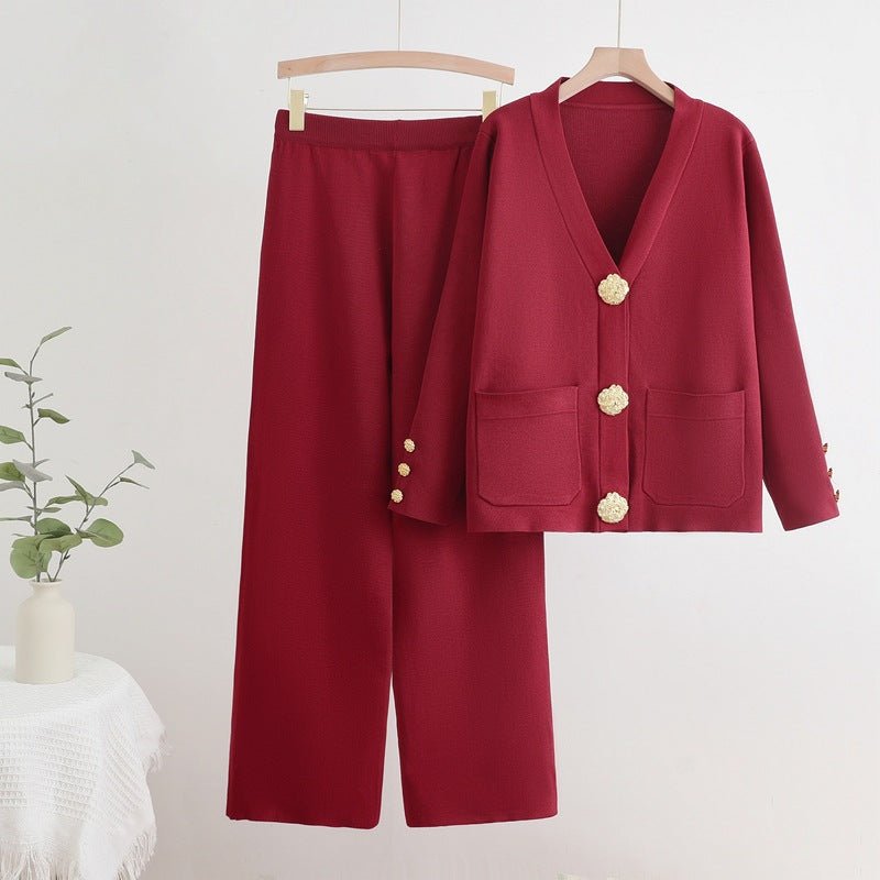 V - neck single - row metal button - down cardigan top wide - leg pants knitted versatile two - piece set - Negative Apparel