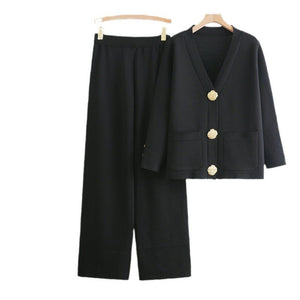 V - neck single - row metal button - down cardigan top wide - leg pants knitted versatile two - piece set - Negative Apparel