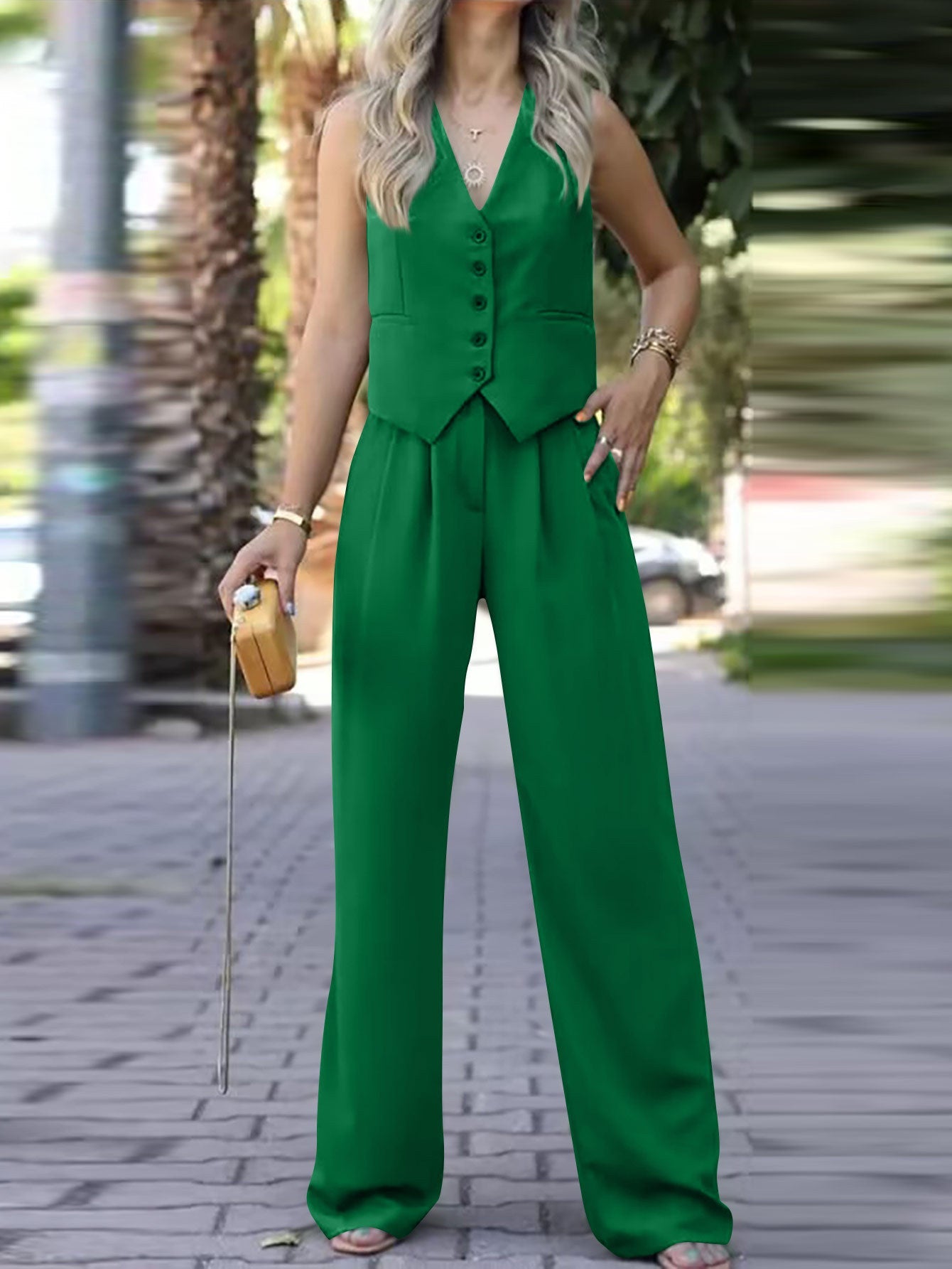 V - neck sleeveless vest vest drape wide - leg trousers casual suit - Negative Apparel