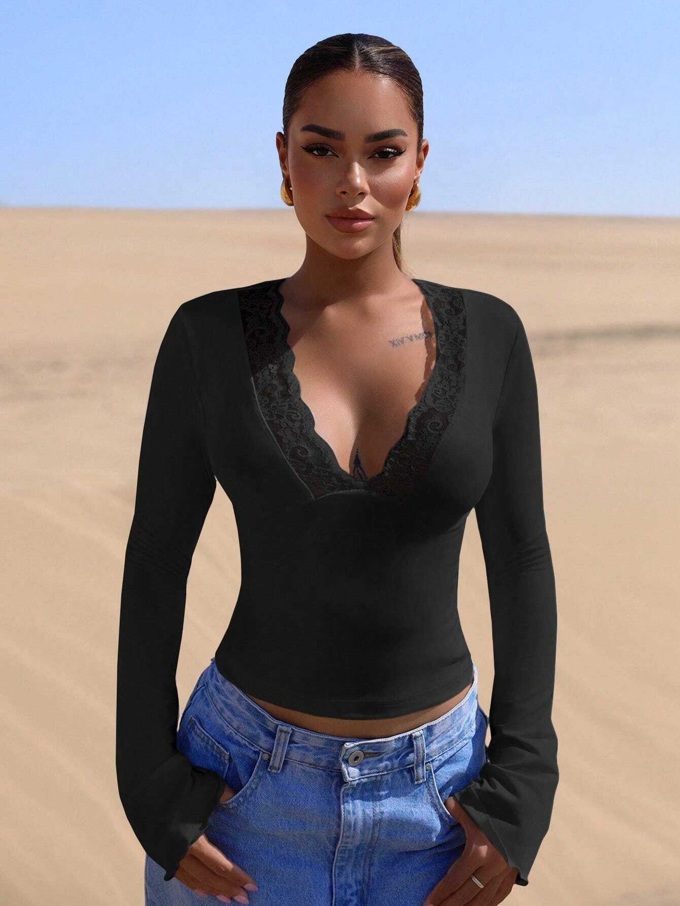 V - neck splicing lace sexy spice girl long - sleeved slim top - Negative Apparel