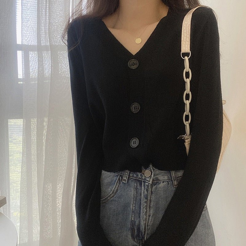 V - neck sweater women's 2022 autumn and winter new outer white top cardigan long - sleeved short knitted cardigan wholesale - Negative Apparel