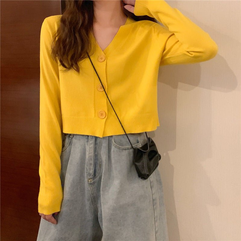 V - neck sweater women's 2022 autumn and winter new outer white top cardigan long - sleeved short knitted cardigan wholesale - Negative Apparel