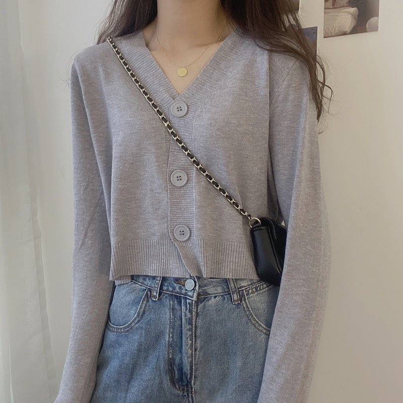 V - neck sweater women's 2022 autumn and winter new outer white top cardigan long - sleeved short knitted cardigan wholesale - Negative Apparel