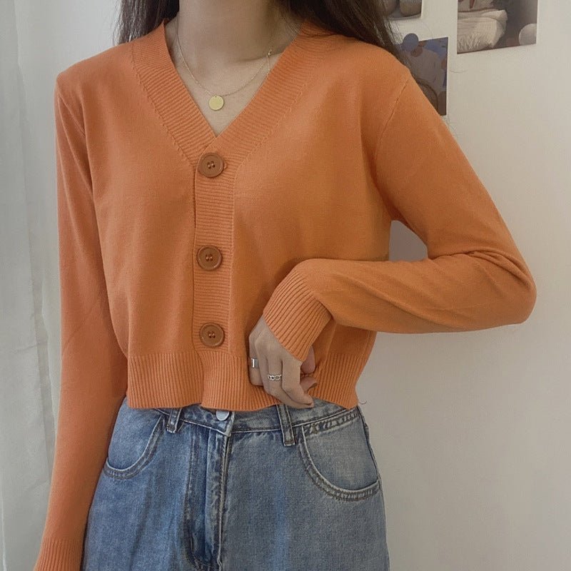 V - neck sweater women's 2022 autumn and winter new outer white top cardigan long - sleeved short knitted cardigan wholesale - Negative Apparel