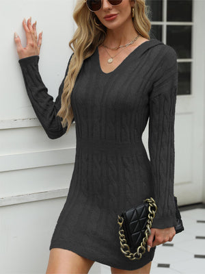 V - neck twisted medium - length long - sleeved knitted hooded bodycon dress - Negative Apparel