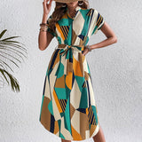 Vacation style color block dress belt short sleeve dress - Negative Apparel
