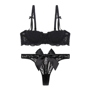 Varsbaby Court Vine Jacquard Lace Big Bow Half Cup Bra Set Thin Cotton Cup Underwear Women - Negative Apparel