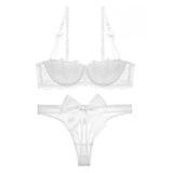 Varsbaby Court Vine Jacquard Lace Big Bow Half Cup Bra Set Thin Cotton Cup Underwear Women - Negative Apparel