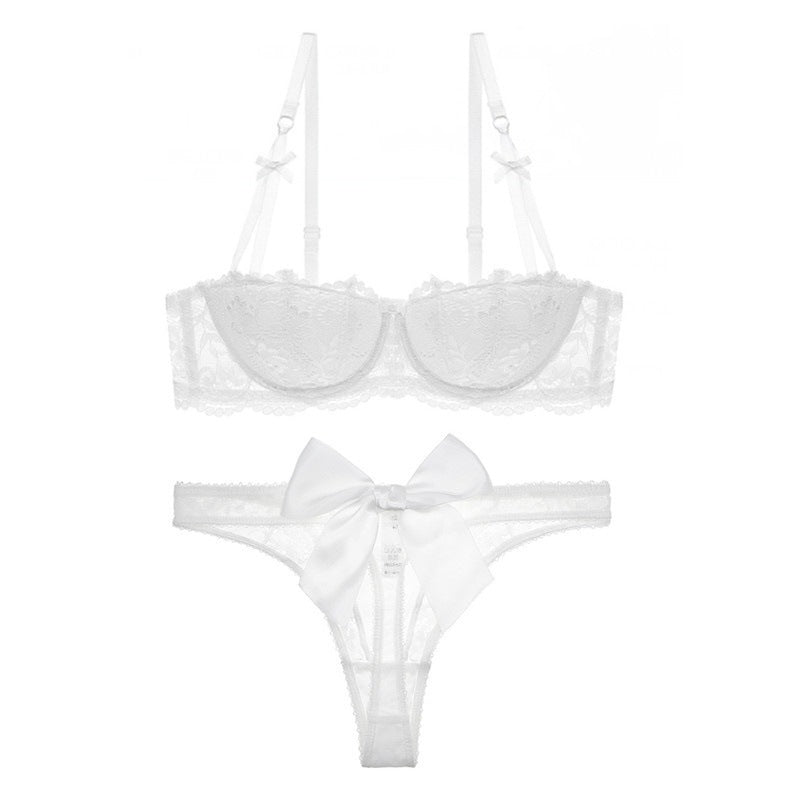 Varsbaby Court Vine Jacquard Lace Big Bow Half Cup Bra Set Thin Cotton Cup Underwear Women - Negative Apparel