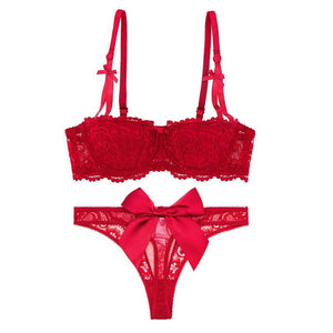 Varsbaby Court Vine Jacquard Lace Big Bow Half Cup Bra Set Thin Cotton Cup Underwear Women - Negative Apparel