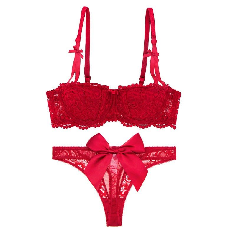 Varsbaby Court Vine Jacquard Lace Big Bow Half Cup Bra Set Thin Cotton Cup Underwear Women - Negative Apparel