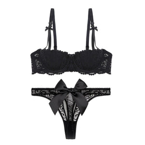 Varsbaby Court Vine Jacquard Lace Big Bow Half Cup Bra Set Thin Cotton Cup Underwear Women - Negative Apparel