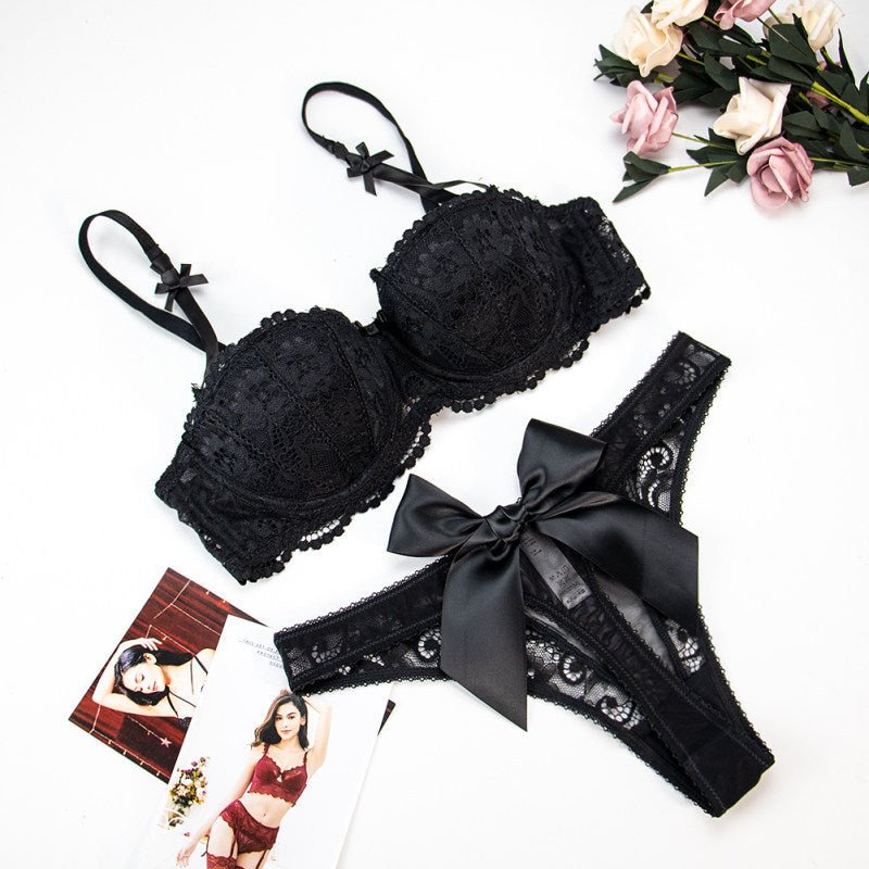 Varsbaby Court Vine Jacquard Lace Big Bow Half Cup Bra Set Thin Cotton Cup Underwear Women - Negative Apparel