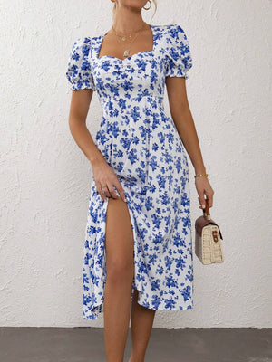 VCAY Floral Print Ruched Bust Puff Sleeve Split Thigh Dress - Negative Apparel