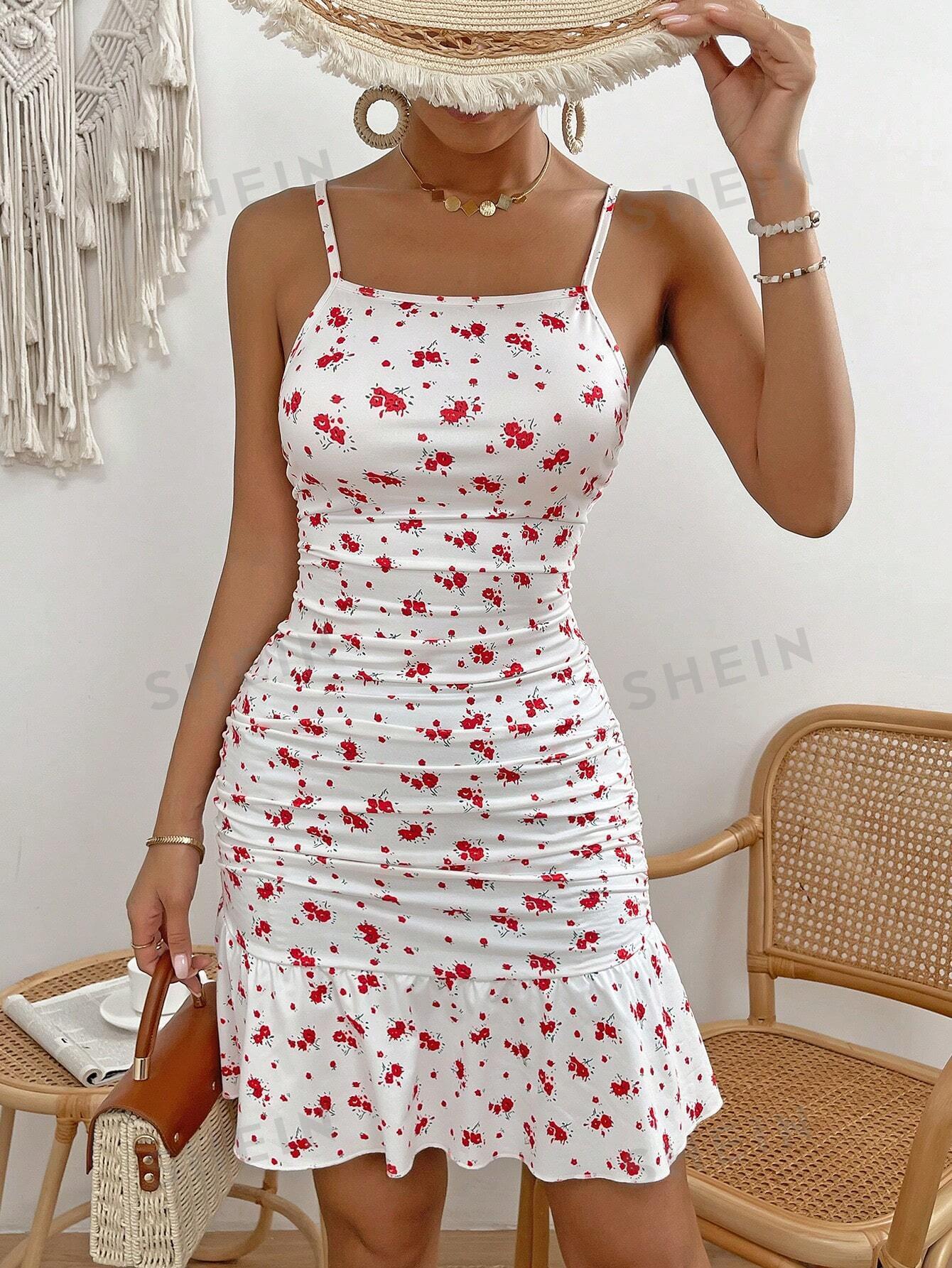 VCAY Floral Print Ruched Ruffle Hem Cami Dress - Negative Apparel