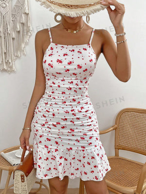 VCAY Floral Print Ruched Ruffle Hem Cami Dress - Negative Apparel