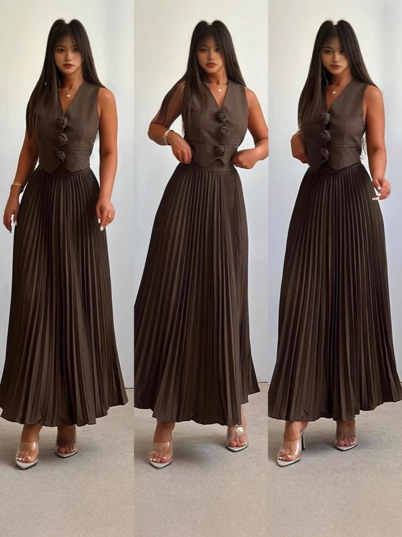 Vest Waist Pleated Skirt Women's Set - Negative Apparel