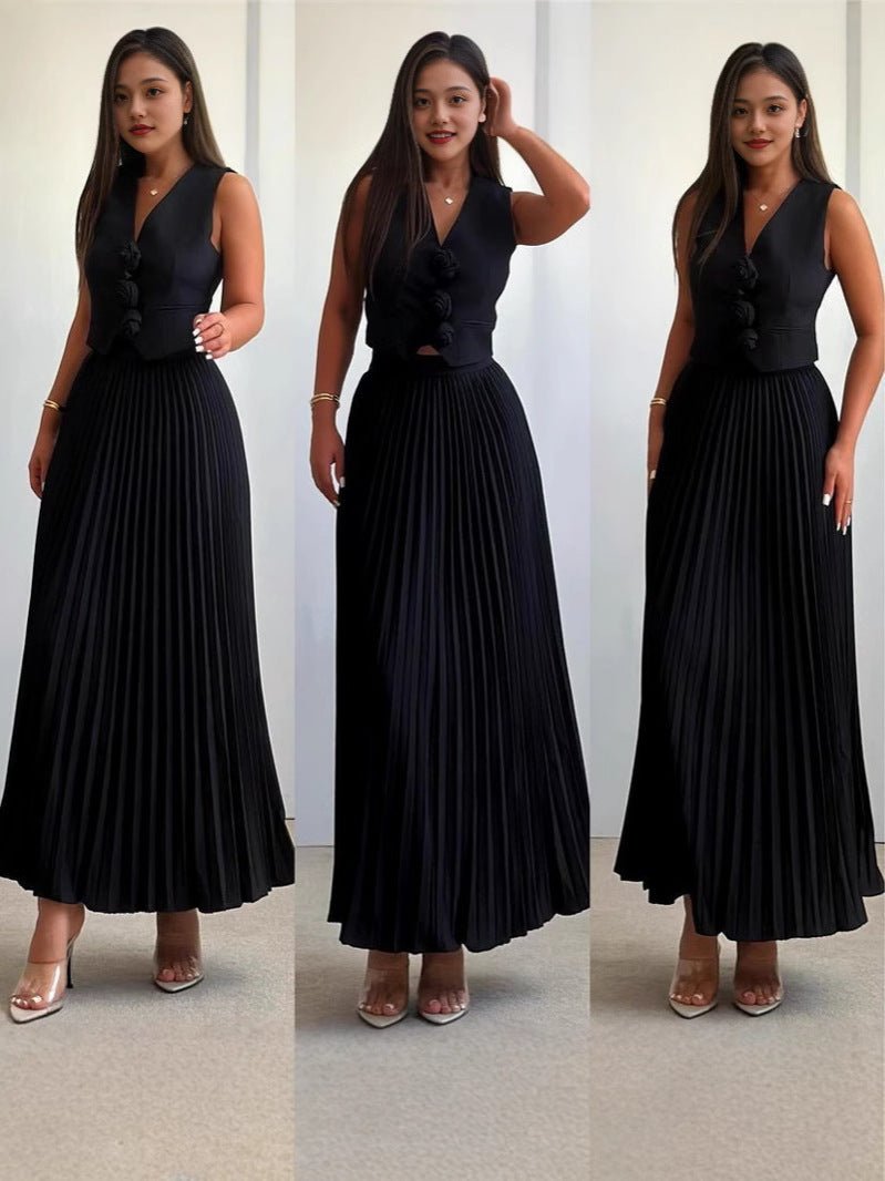 Vest Waist Pleated Skirt Women's Set - Negative Apparel
