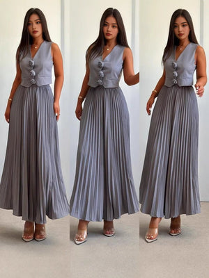 Vest Waist Pleated Skirt Women's Set - Negative Apparel
