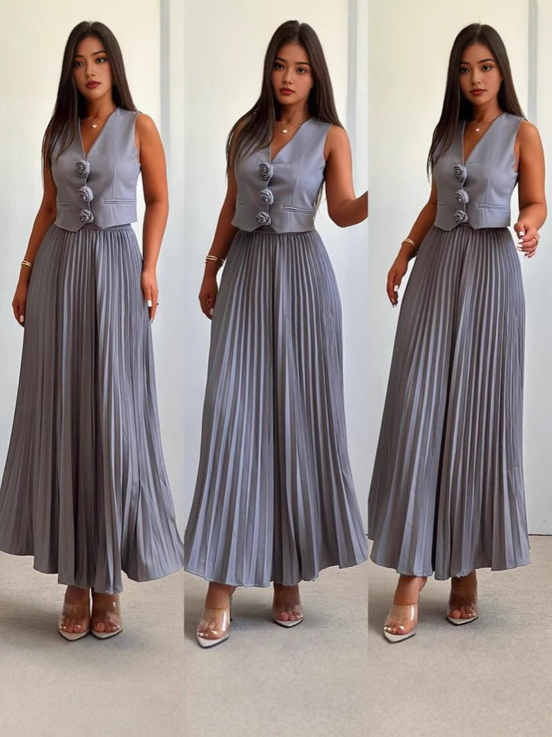 Vest Waist Pleated Skirt Women's Set - Negative Apparel