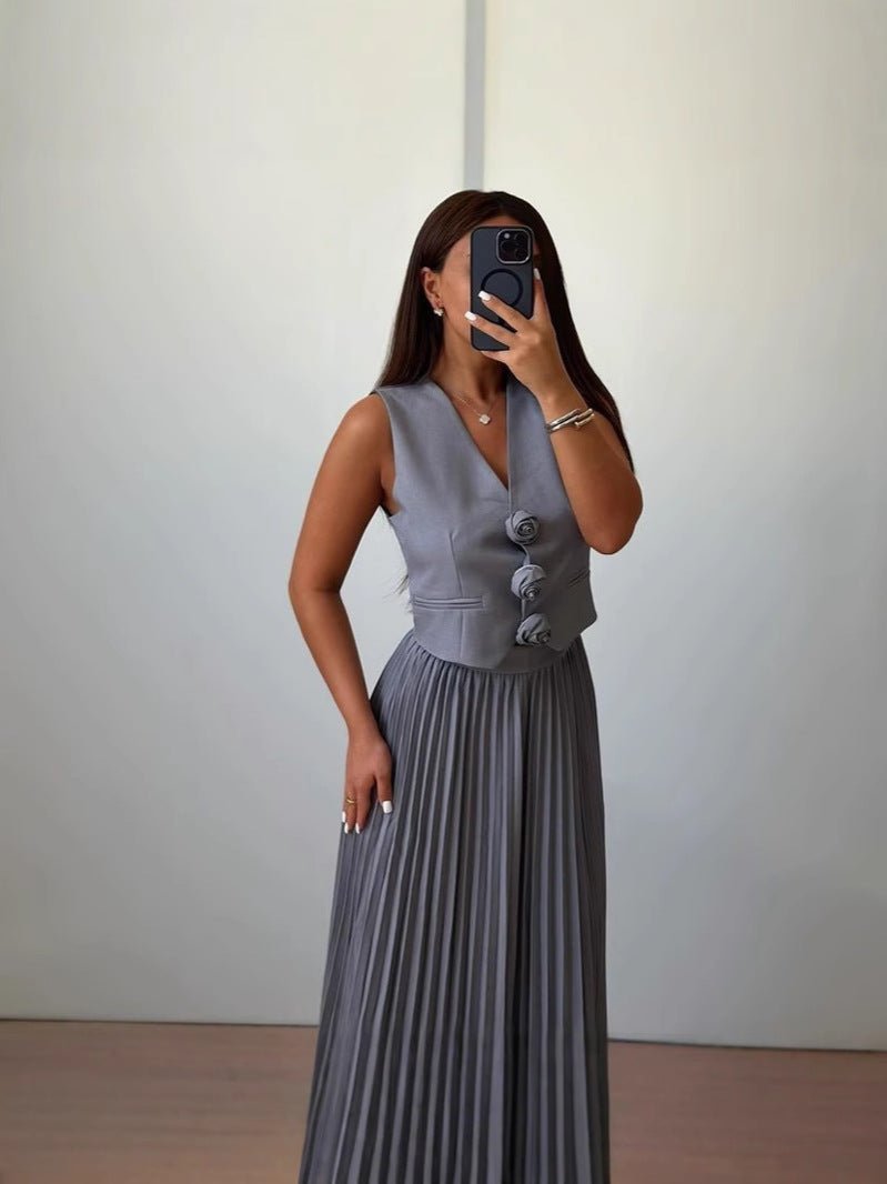 Vest Waist Pleated Skirt Women's Set - Negative Apparel