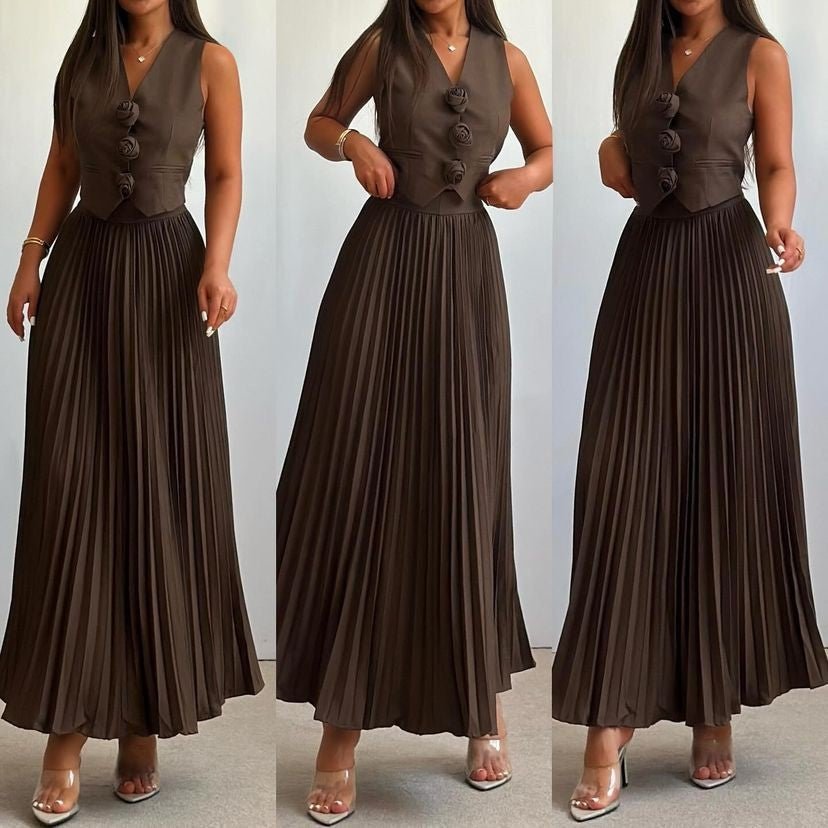 Vest Waist Pleated Skirt Women's Set - Negative Apparel