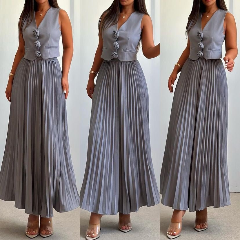 Vest Waist Pleated Skirt Women's Set - Negative Apparel