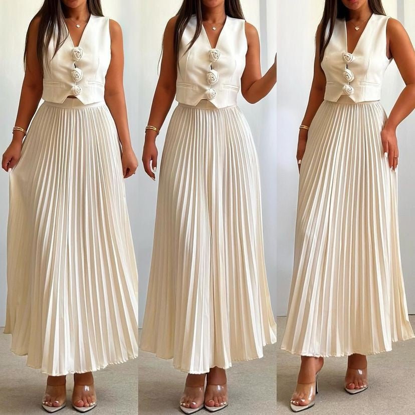 Vest Waist Pleated Skirt Women's Set - Negative Apparel