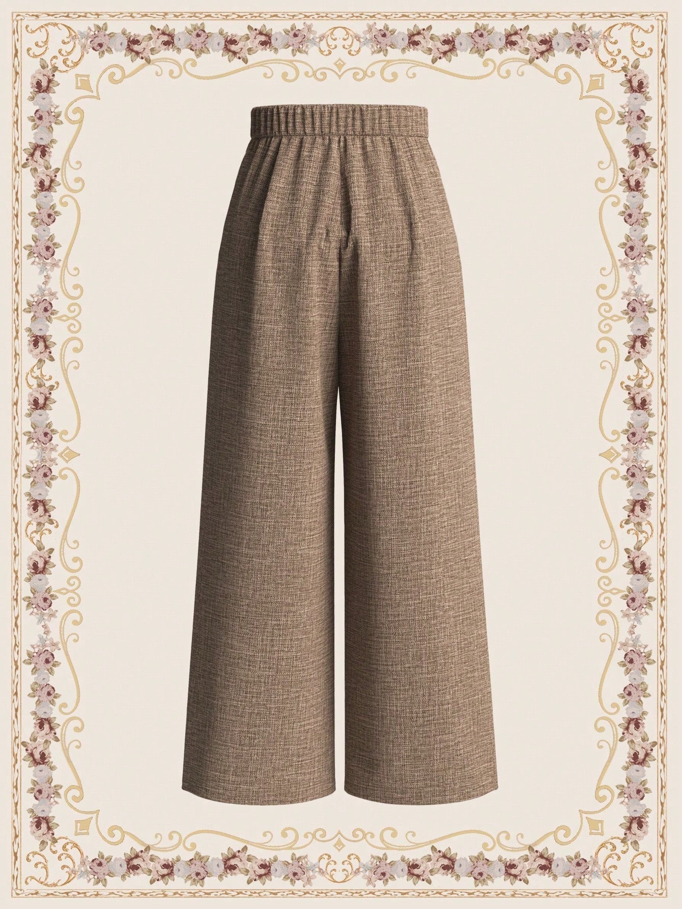 Vintage Elegant Women's Wide-Leg Pants With Floral Waistband Decorated With Button, Brown, For Casual And Commuting Old Money Style Business Women Vintage Elegant Women's Wide-Leg Pants With Floral Waistband Decorated With Button, Brown, For Casual And Commuting Old Money Style Business Women