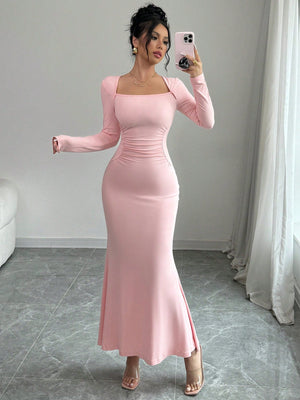 Waist Cinched Fitted Square Neck Sexy Mermaid Dress Maxi Women Outfit - Negative Apparel