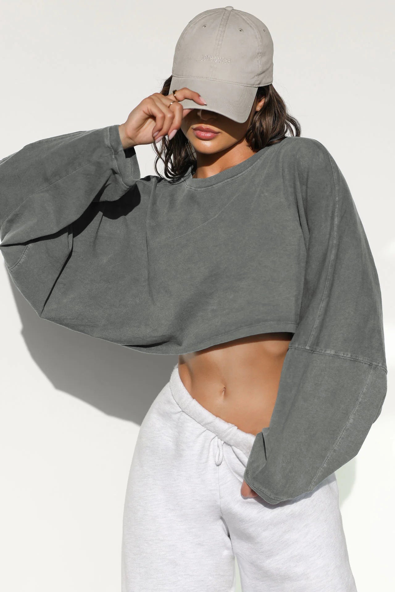 Washed Vintage Sweatshirt Trendy Short Knit Pullover – Long Sleeve Active Yoga Top - Negative Apparel