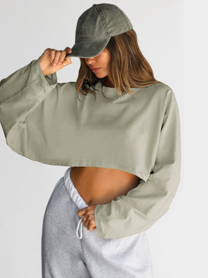 Washed Vintage Sweatshirt Trendy Short Knit Pullover – Long Sleeve Active Yoga Top - Negative Apparel