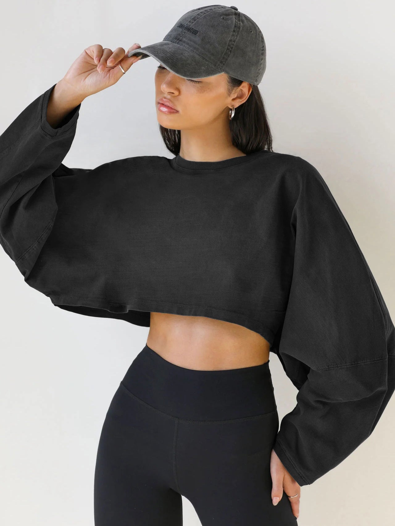 Washed Vintage Sweatshirt Trendy Short Knit Pullover – Long Sleeve Active Yoga Top - Negative Apparel