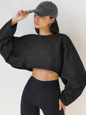 Washed Vintage Sweatshirt Trendy Short Knit Pullover – Long Sleeve Active Yoga Top - Negative Apparel
