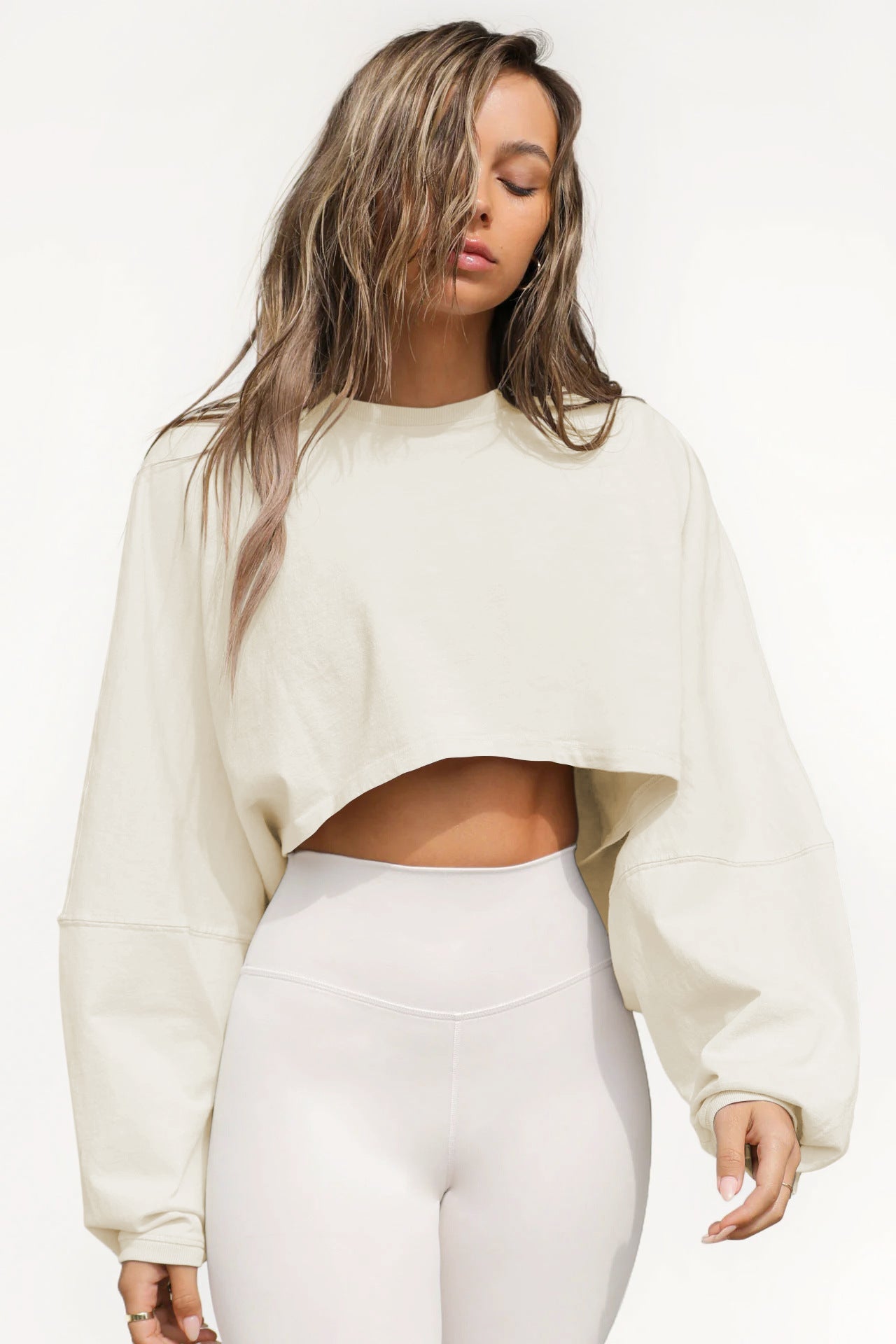 Washed Vintage Sweatshirt Trendy Short Knit Pullover – Long Sleeve Active Yoga Top - Negative Apparel