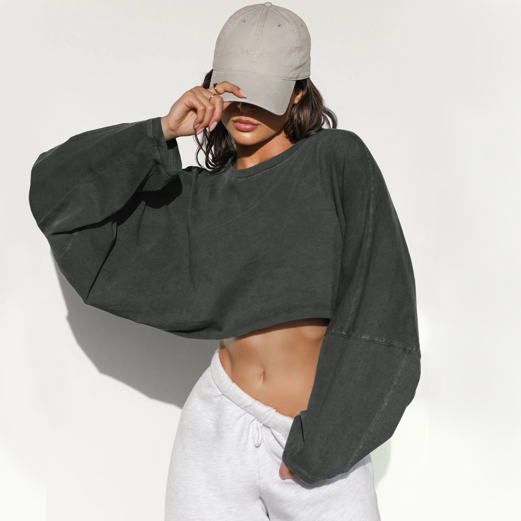 Washed Vintage Sweatshirt Trendy Short Knit Pullover – Long Sleeve Active Yoga Top - Negative Apparel