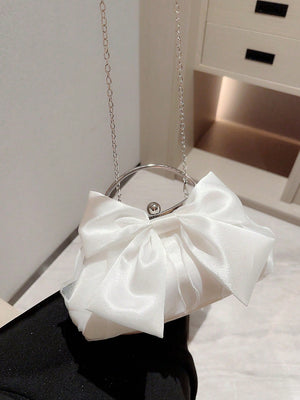White Evening Bag Fashionable Bow Decor Clip Top, Perfect Bride Purse For Wedding, Prom & Party Events Bow Decor Glossy Metal Chain Kiss Lock Clutch, Elegant Textured Frame Purse, Classic Dinner Evening Bag - Negative Apparel