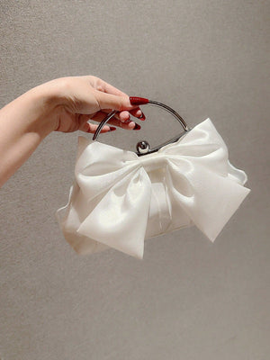 White Evening Bag Fashionable Bow Decor Clip Top, Perfect Bride Purse For Wedding, Prom & Party Events Bow Decor Glossy Metal Chain Kiss Lock Clutch, Elegant Textured Frame Purse, Classic Dinner Evening Bag - Negative Apparel