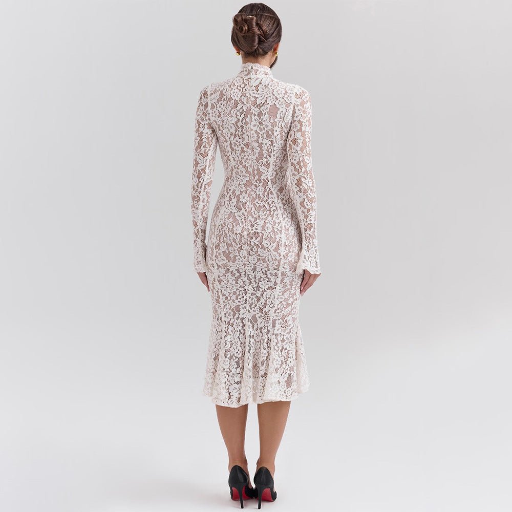 White Lace Elegance — Semi - Turtleneck Bodycon Dress - Negative Apparel
