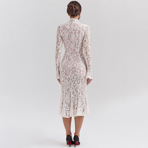 White Lace Elegance — Semi - Turtleneck Bodycon Dress - Negative Apparel