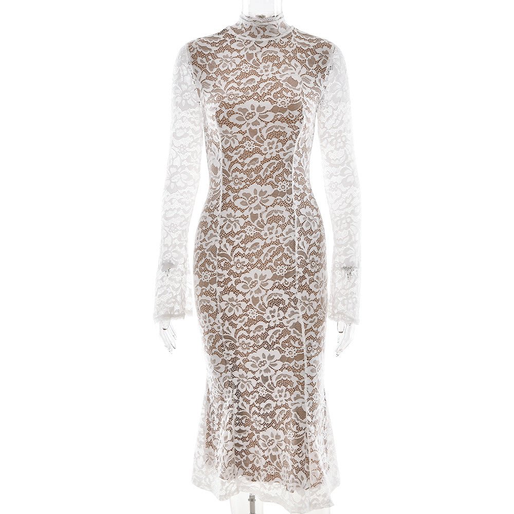 White Lace Elegance — Semi - Turtleneck Bodycon Dress - Negative Apparel