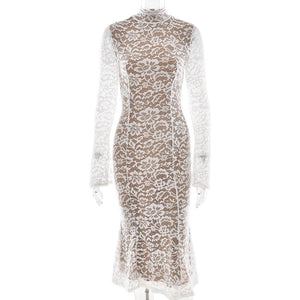 White Lace Elegance — Semi - Turtleneck Bodycon Dress - Negative Apparel