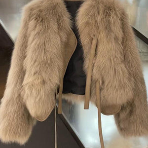 Winter 2024 Japanese Korean Style Faux Fur Short Jacket for Women – Elegant Round Neck Soft Leather Plush Coat - Negative Apparel
