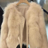 Winter 2024 Japanese Korean Style Faux Fur Short Jacket for Women – Elegant Round Neck Soft Leather Plush Coat - Negative Apparel