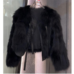 Winter 2024 Japanese Korean Style Faux Fur Short Jacket for Women – Elegant Round Neck Soft Leather Plush Coat - Negative Apparel
