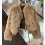 Winter 2024 Japanese Korean Style Faux Fur Short Jacket for Women – Elegant Round Neck Soft Leather Plush Coat - Negative Apparel