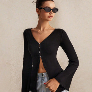 Winter 2025 Celebrity - Inspired V - Neck Cardigan Top - Negative Apparel